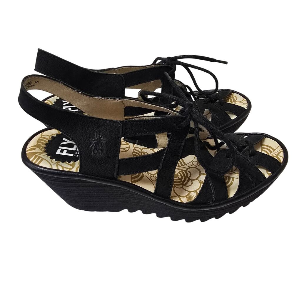 Fly London Wedge Sandals Size 38 7.5US Black